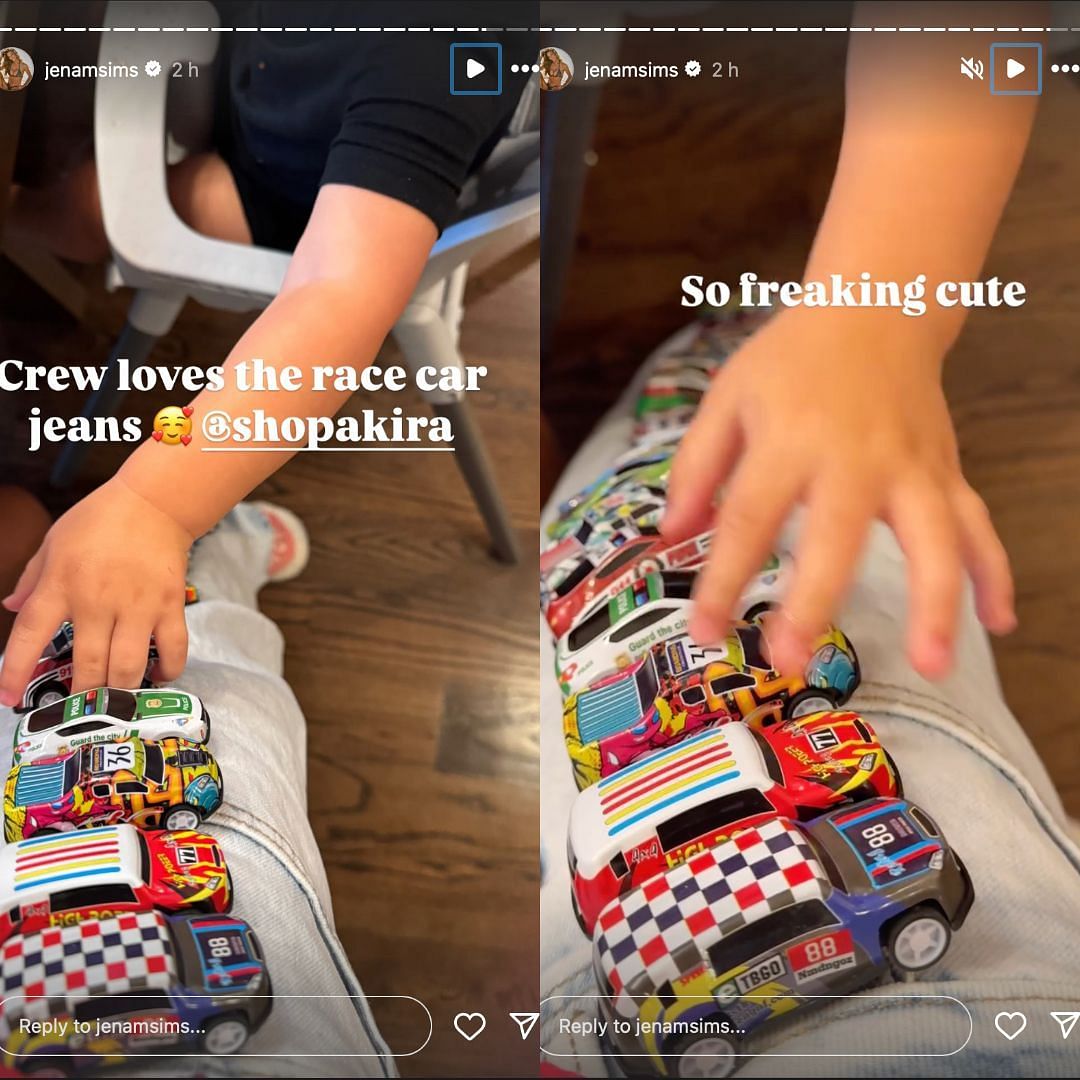 Jena Sims son Crew loves playing with race cars on jeans. Image via Instagram @jenasims